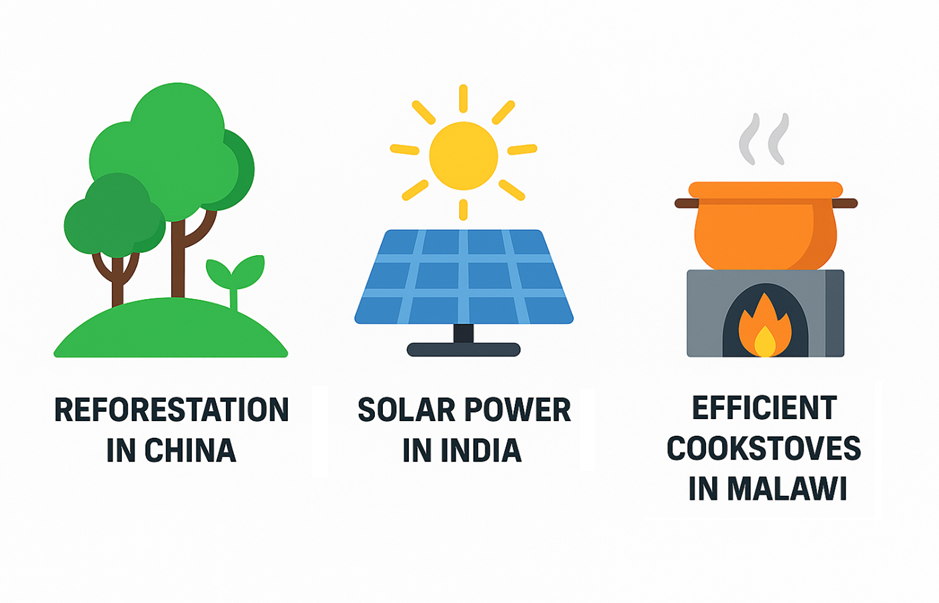 Infographic showing reforestation in China, solar power in India, and efficient cookstoves in Malawi